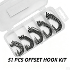 51‑Pcs Offset Worm Hooks Kit, Thin‑Wire Wide‑Gap Bass Hooks for Texas Rig Soft Plastic Worm Lures