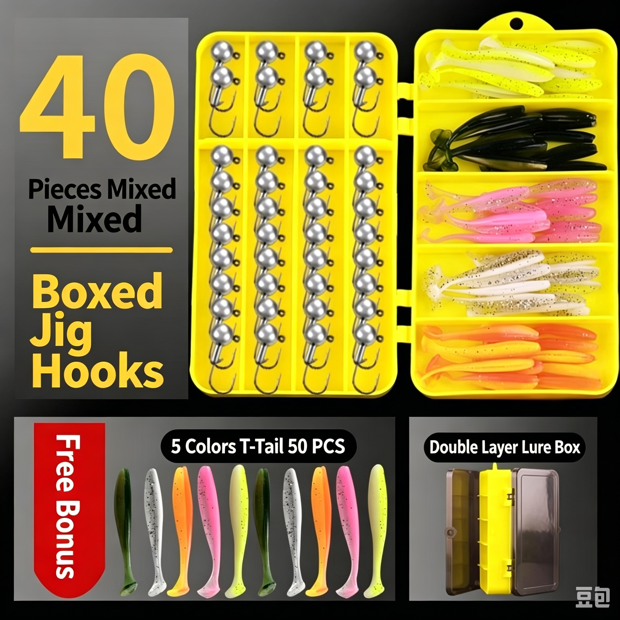 Complete Fishing Lure Kit, Lead Jig Head Hooks & T‑Tail Soft Plastic Worms, Freshwater Wild Fishing Baits for Bass, Mandarin Fish, Snakehead