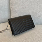 YSL  Cassandre Envelope Chain Wallet Black Grain Leather 19x11.5x4 cm