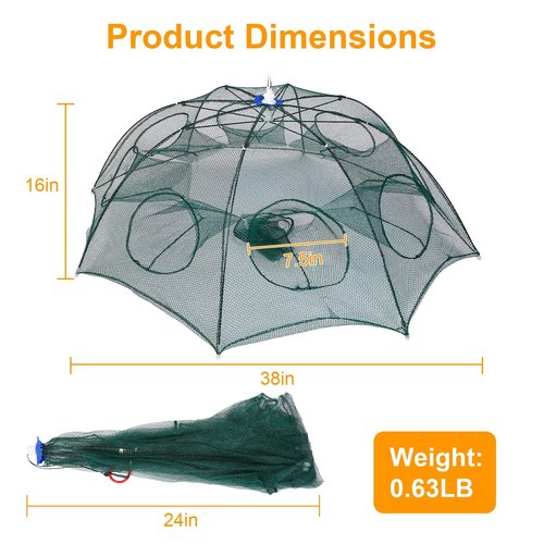 TeqHome Fishing Trap Net, Large Foldable 8-Sided 8-Hole Bait Net Trap, Automatic Collapsing Fishing Net with Zipper & Portable Design, for Shrimp, Crab, Minnow, Crayfish, Lobster - 38 x 38 x 16 Inch