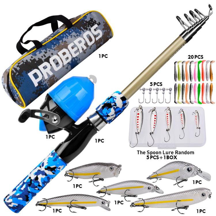 PROBEROS Fishing Rod and Reel Combo 6ft Telescopic Fishing Pole with Spincast Reel Portable Travel Fishing Full Kit with Carrier Bag, CAST Blue, SPIN Blue, CAST Green, SPIN Green